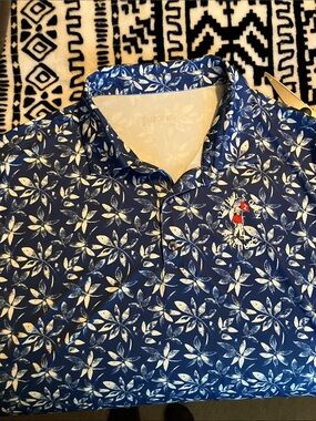 Men's Blue Floral Print Polo with Embroidered Crest